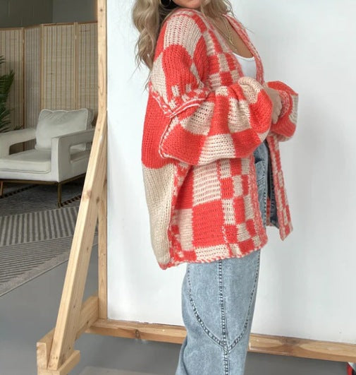 Women's Checkered Sweater Cardigan