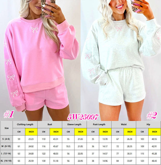 Bow Embroidered Pullover and Shorts Set