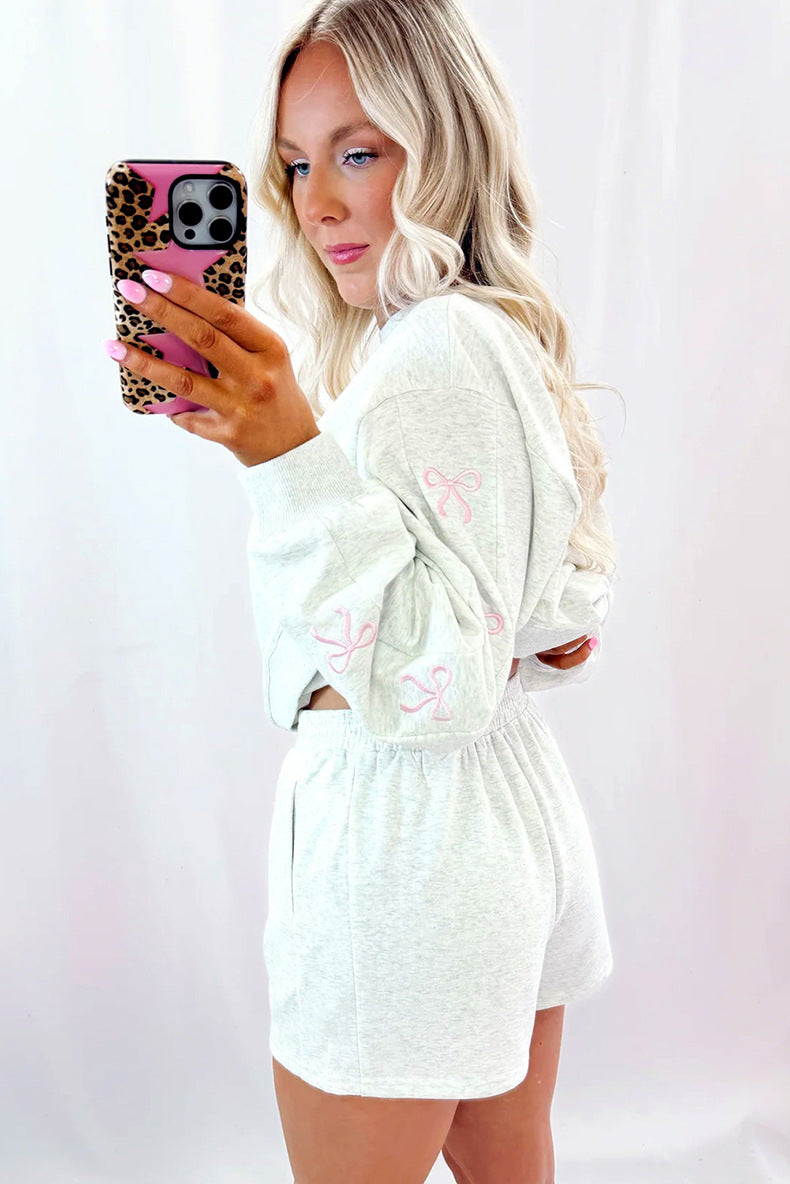 Bow Embroidered Pullover and Shorts Set
