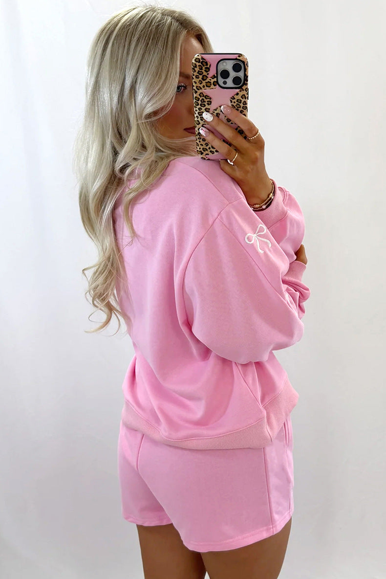 Bow Embroidered Pullover and Shorts Set