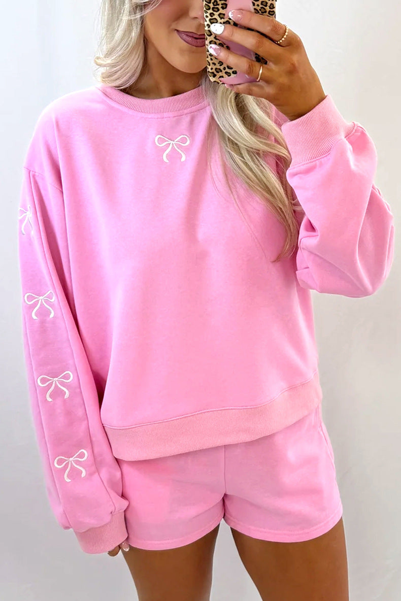 Bow Embroidered Pullover and Shorts Set